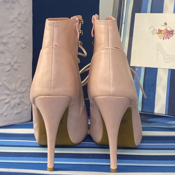 Light pink lace up peep toe ankle high heel zipper booties size 10 - Picture 6 of 14